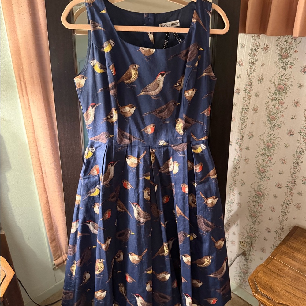 frock Shop Blue Bird Pattern Midi Dress